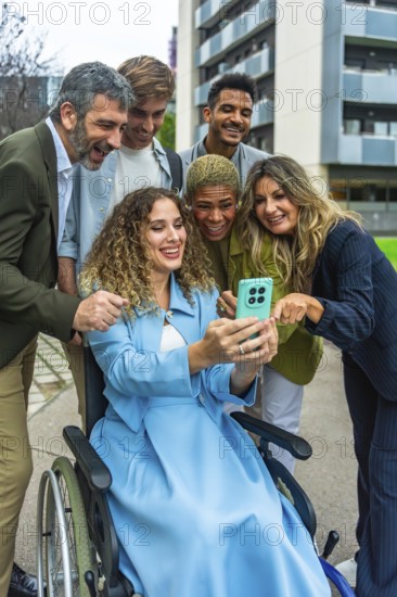 Diverse group of professional colleagues, including a woman in a wheelchair, smiling and