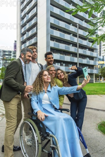 Group of multi ethnic colleagues and friends, including a woman in a wheelchair, smiling and taking