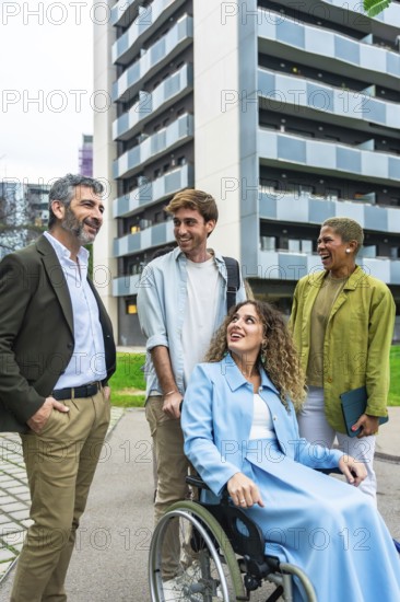 Diverse business colleagues and friends laughing and interacting outdoors in a communal city space,