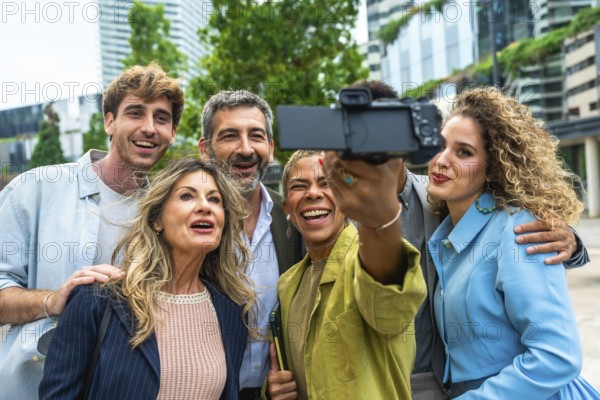 Diverse group of smiling business professionals and executives taking a happy selfie with a camera
