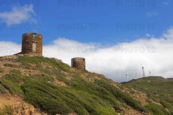 Genoese Towers and Wind Turbines, Cap Corse, Haute-Corse Department, Corsica, Mediterranean Sea,