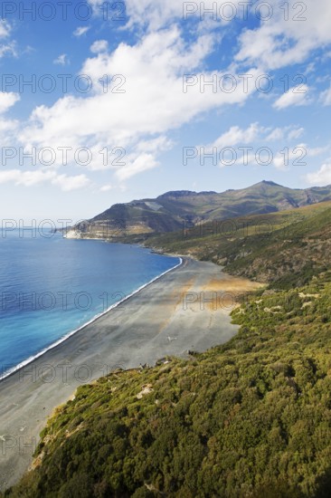 Black pebble beach Plage de Nonza or Plage Negro, Cap Corse, Haute-Corse Department, Corsica,