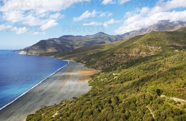 Black pebble beach Plage de Nonza or Plage Negro, Cap Corse, Haute-Corse Department, Corsica,