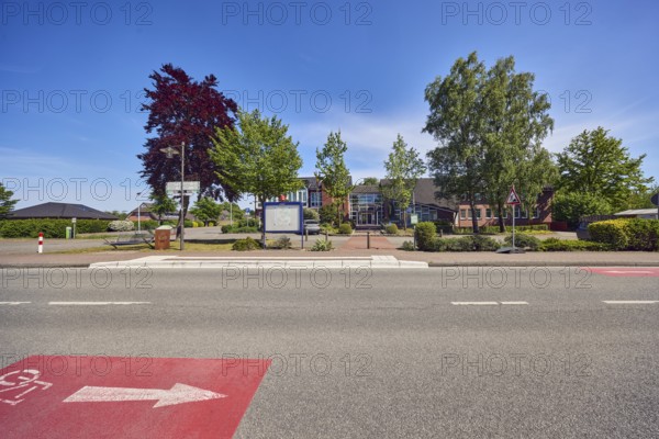 Neuenkirchen City Hall bus stop, town hall of the municipality of Neuenkirchen-Vörden, street,