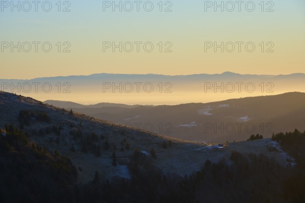 Mountain landscape at sunset with golden sky and hills, European beech, winter, Hohneck, La Bresse,