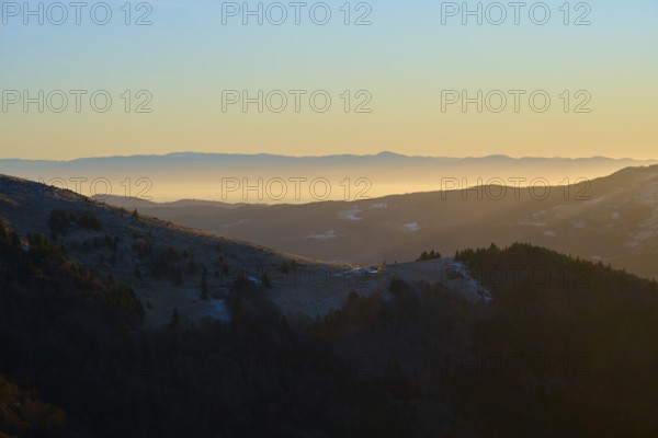 Sunrise over mountain landscape with rolling hills, fog and thick forests, morning, view, Rhine