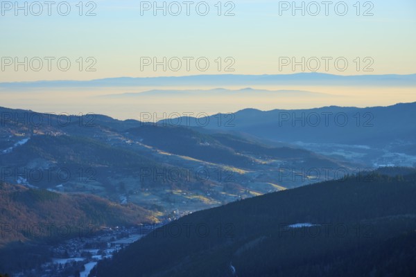Morning view of hills and valleys with light fog and peaceful ambiance, looking towards the Rhine