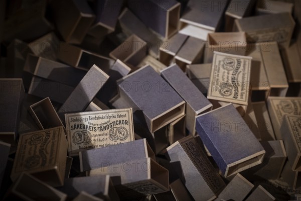 Old matchboxes covered with historical motifs, Tändsticksmuseet matchstick museum or match museum,