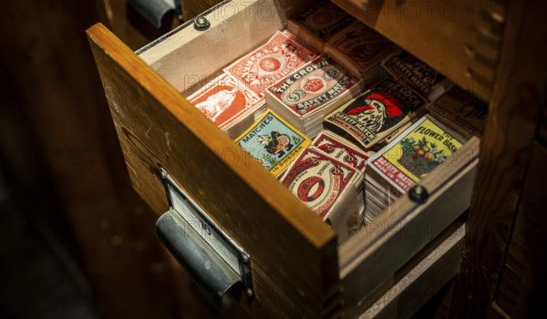 Historical matchbox labels, various motifs, in wooden drawer, Tändsticksmuseet matchstick museum or