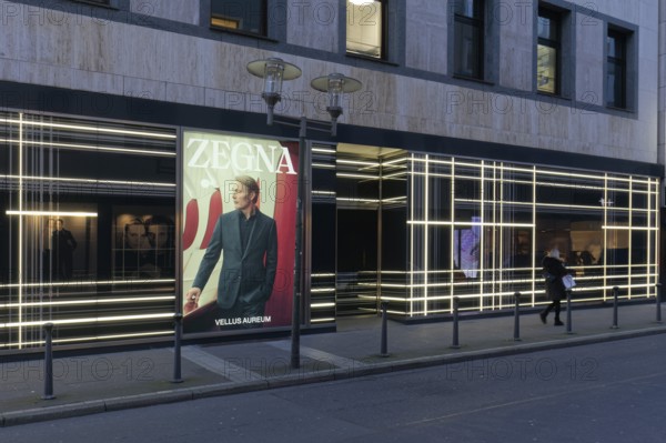 Illuminated Zegna store on the Kö, twilight, Italian brand for luxury menswear, Düsseldorf, North