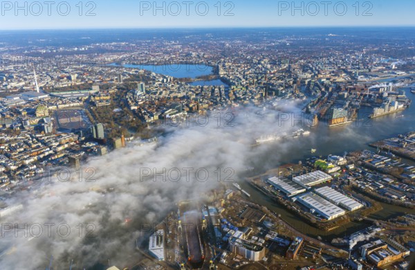 Sea fog, Germany, Hamburg, Alster, city view, cityscape, aerial view, aerial view, from, above,