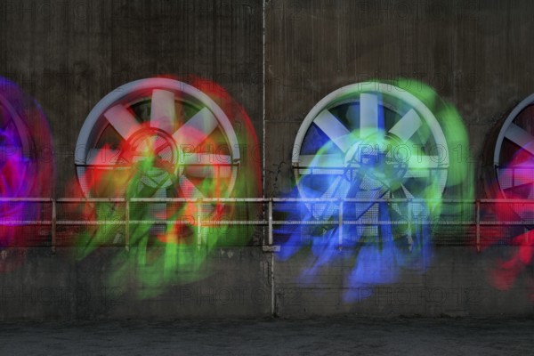 Light painting, color-lit fans of the former cooling plant, Landschaftspark Duisburg-Nord,