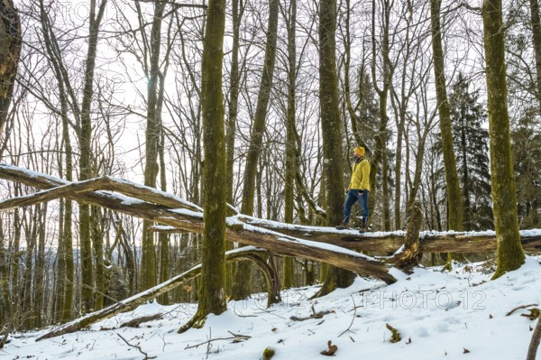 Man in yellow winter jacket standing on a snow covered fallen tree log, looking away in a serene