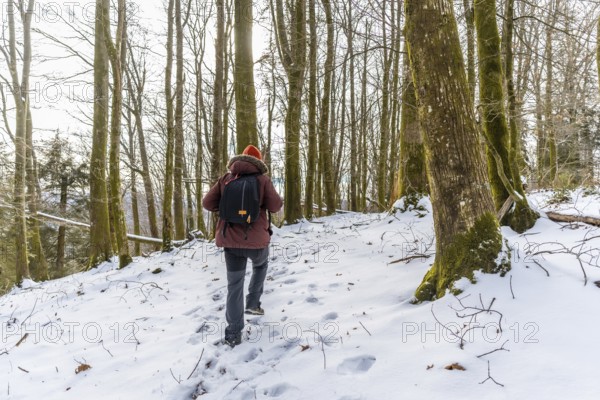 Person walking uphill through a snow covered forest with tall, mossy trees and footprints in the