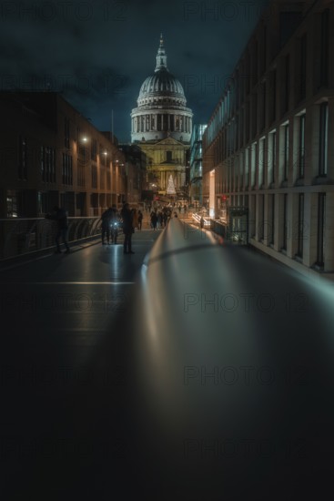 Illuminated bridge with St Paul Cathedral and city background at night, people walking, London,