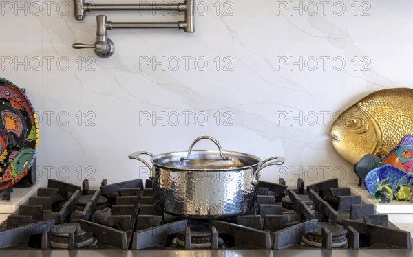 Modern kitchenware and microwave in luxury designer kitchen. Food preparation with expensive