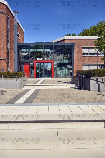 Town hall, brick building, modern architecture, entrance, staircase, stainless steel railing,