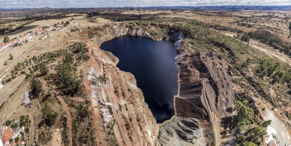 Panoramic aerial photograph, Mina de Sao Domingos, historic copper open-pit mine, aerial view,
