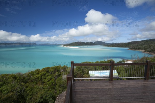 Sunny daytime view from Hill Inlet lookout over Whitehaven Beach, Whitsunday Island, Queensland,