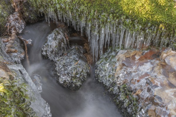 Branches are covered with ice near the river. The water flows gently and forms ice formations on