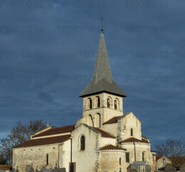 Mazerier village. Painted church St. Saturninus Church. Allier department, Auvergne Rhone Alpes,