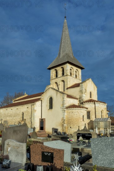 Mazerier village. Painted church St. Saturninus Church. Allier department, Auvergne Rhone Alpes,
