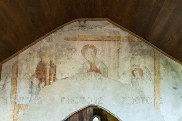 The Annunciation. Painted church St Aignan's, Church of Begues. Allier department. Auvergne Rhone