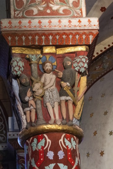 Issoire. Pillar (Jesus is tied to a column by two soldiers, to be flogged) . Saint-Austremoine