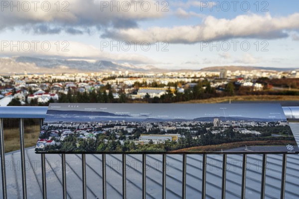View from Perlan, museum, observation deck, landmark, panoramic view with information board,