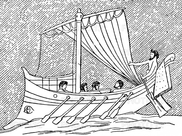 Ancient galley with sail, small crew, slaves rowing, man at the helm, shipping, set sail, wooden