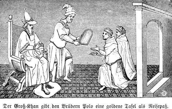 The big barge gives the brothers Niccolò and Maffeo Polo a golden tablet as a passport, 13th