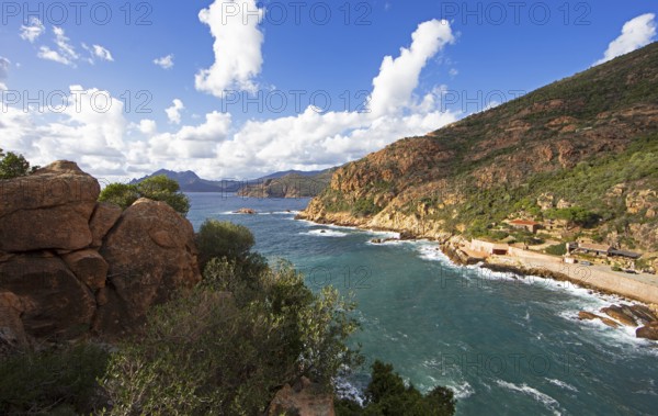 View of the Gulf of Porto and the bizarre rock erosions of the Calanche, Les Calanches de Piana,