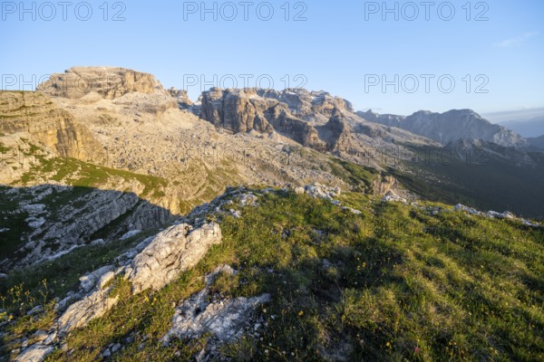 View of rocky mountain peaks of the Brenta Mountains in the evening light, mountain landscape on