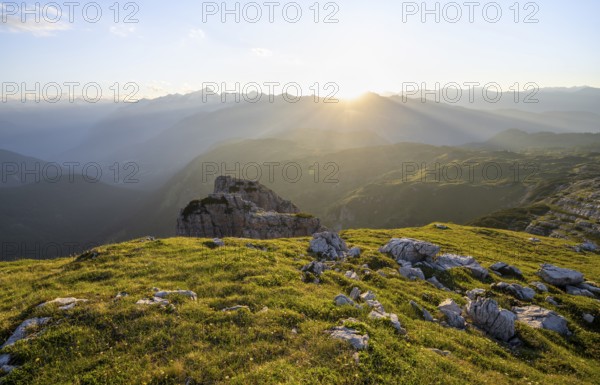 Sunset over the Adamello Group, mountain landscape on the Grosté Plateau, Brenta Mountains,