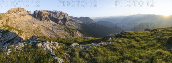Panorama, view of rocky mountain peaks of the Brenta Mountains in the evening light, sunset over