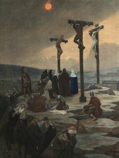 Scene from the biblical story, The Crucifixion of Jesus Christ, authentic reproduction of a school