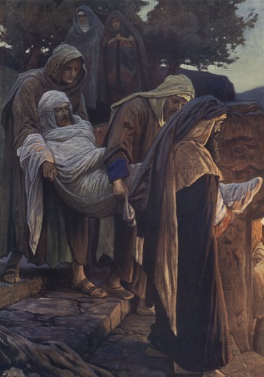 Scene from the biblical story, The Burial of Jesus Christ, authentic reproduction of a school