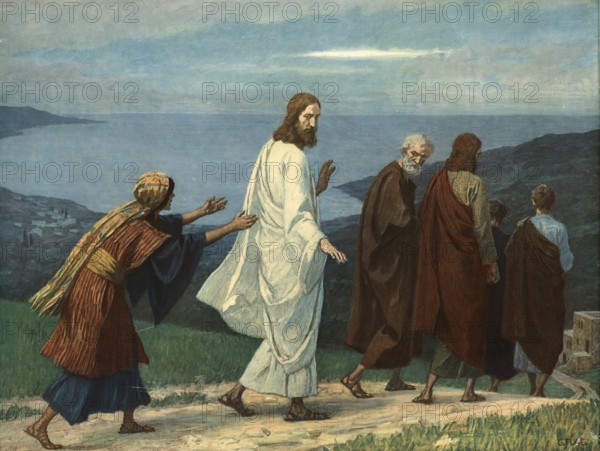 Scene from the biblical story, The Bleeding Woman. The woman had been suffering from uninterrupted
