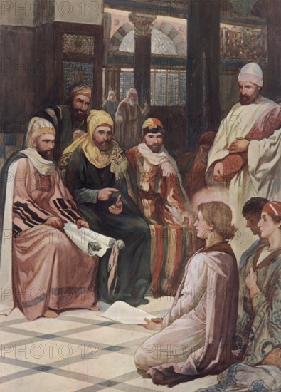 Scene from the biblical story, The story of the twelve-year-old Jesus in the temple discussing with