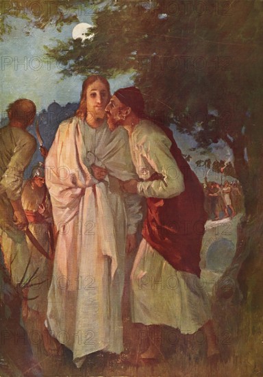 Scene from the biblical story, The Betrayal by the Kiss of Judas, authentic reproduction of a