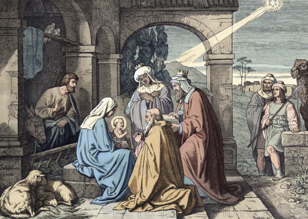 Scene from the biblical story, The Adoration of the Magi describes the biblical motif in which wise