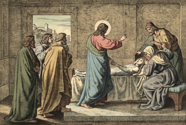Scene from the biblical story, story of the raising of the daughter of Jairus, authentic