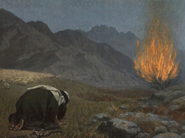 Scene from the biblical story, The Burning Bush, central event in the book of the Bible, in which