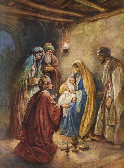 Scene from the biblical story, The Birth of Jesus, authentic reproduction of a school mural,