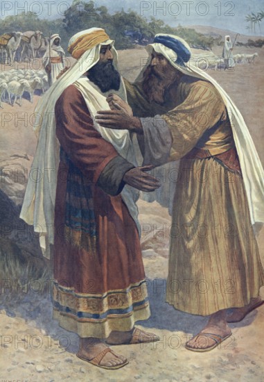 Scene from the biblical story, The encounter between Jacob and Esau is the conciliatory climax