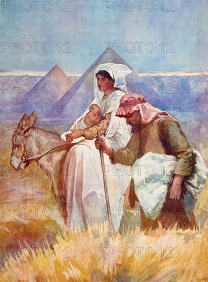Scene from the biblical story, The Flight of Mary, Jesus and Joseph into Egypt, authentic