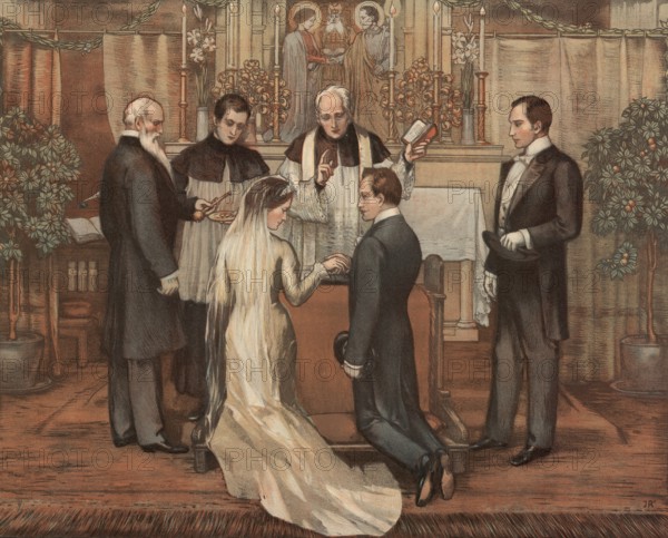 Symbolic photo for a church wedding, wedding by a priest, authentic reproduction of a school mural,