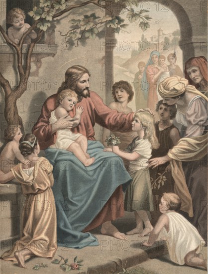 Scene from the biblical story, Jesus speaks Let the little children come to me and do not hinder