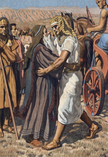Scene from the biblical story, Joseph greets his father, authentic reproduction of a school mural,
