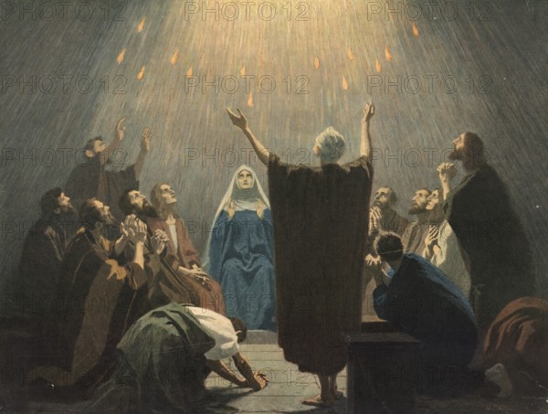 Scene from the biblical story, Peter's Pentecost sermon, is considered the founding event of the